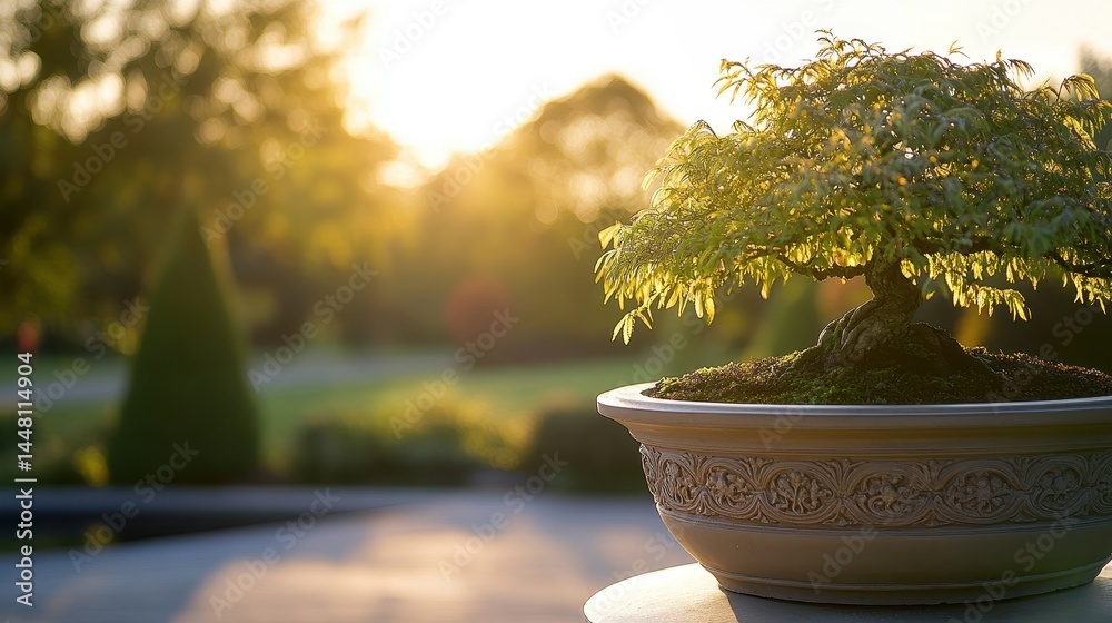 Serene Bonsai Tree Bathed in Golden Sunset Light in a Tranquil Garden Setting