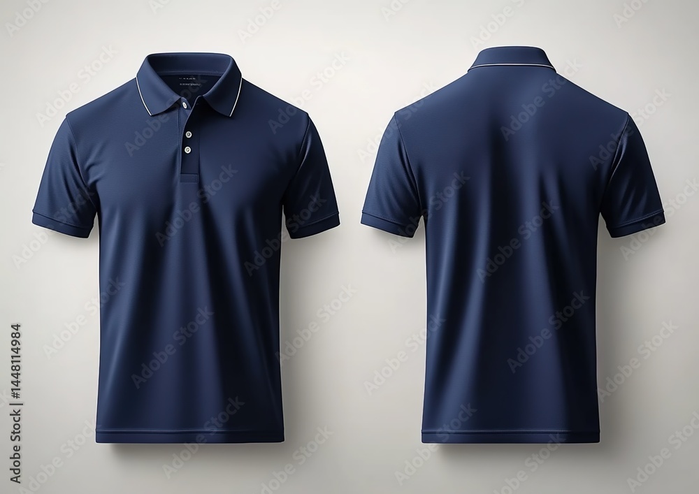 Navy blue short-sleeved polo shirt front and back views.