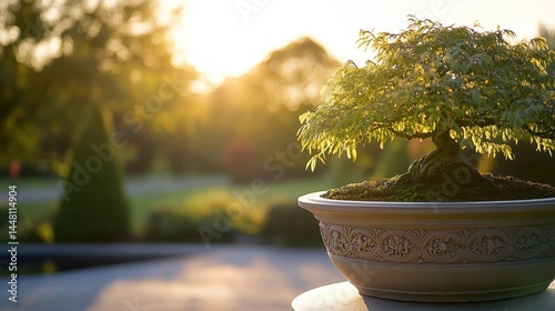 Obraz na płótnie Serene Bonsai Tree Bathed in Golden Sunset Light in a Tranquil Garden Setting w salonie