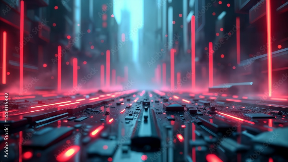 An intricate futuristic representation of a chaotic state characterized by neon luminosity, digital decay, and pulsating geometric forms that evoke turmoil. An intricate futuristic representation of a chaotic state characterized by neon luminosity, digital decay, and pulsating geometric forms that evoke turmoil.