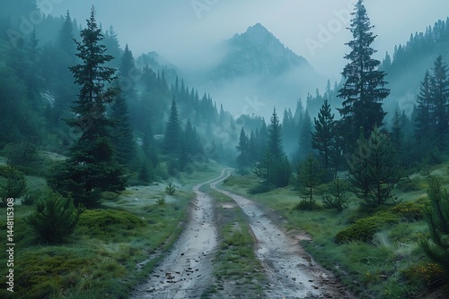 Foggy mountain road vanishing into dense pine forest soft light mysterious atmosphere quiet wilderness scene