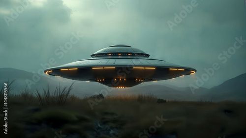 Surreal futuristic UFO landing in a secluded field with ethereal glow and reflective metallic surfaces rendered in hyper-detailed artistry