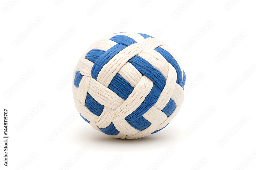 Obraz premium Woven Ball: A sphere intricately woven with blue and cream-colored strands, creates a textured, visually appealing design on a clean, white background.