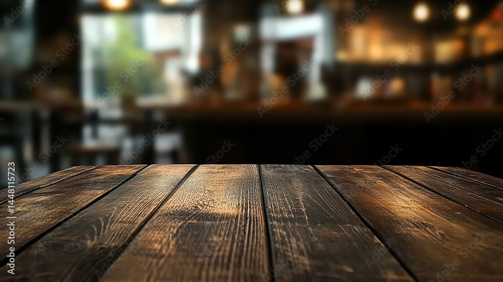 Close-up of wooden table with blurred coffee shop counter. Close-up of wooden table with blurred coffee shop counter.