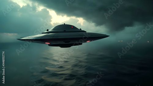 Cinematic portrayal of a covert UFO operation amid a stormy sky with precise flight dynamics and reflective water enhancing the surreal atmosphere