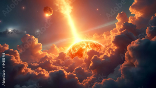 Compelling Cosmic Scene of a Primordial Explosion Unleashing Vast Energies and Igniting Radiant Space Clouds in Turbulent Phenomena