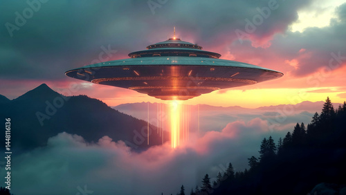 High-resolution depiction of an enormous UFO emerging over a misty mountain range at twilight with intricate geometric light patterns and unworldly ambiance