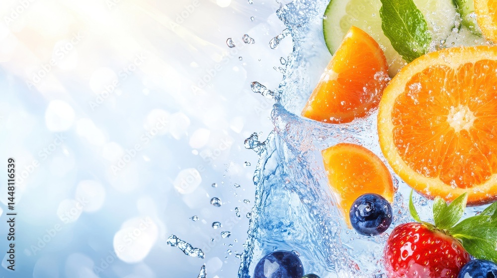 Refreshing splash of citrus fruits and berries in water with vibrant background of light