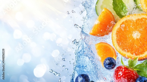 Obraz na płótnie Refreshing splash of citrus fruits and berries in water with vibrant background of light w salonie