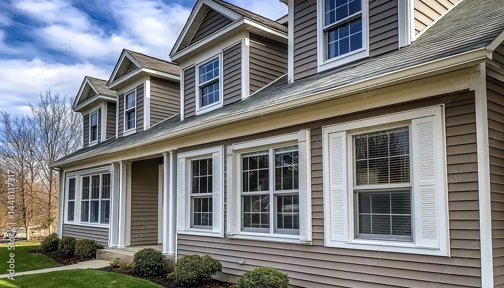 Two-story house with light brown siding white trim gray roof. Two-story house with light brown siding white trim gray roof.