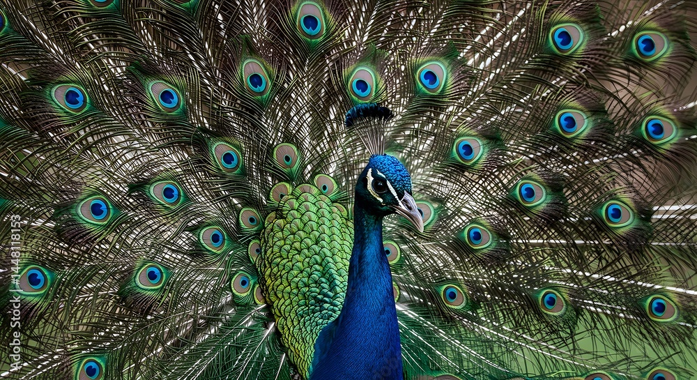 Fototapeta premium Peacock Displaying Its Colorful Feathers in Full Fan