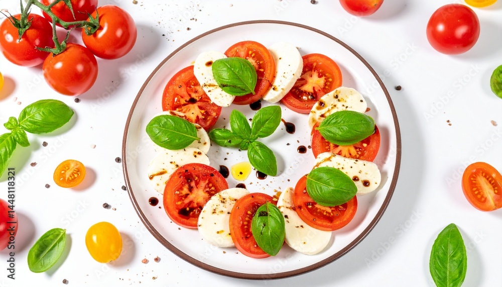 Elegant Caprese Salad with Fresh Mozzarella, Ripe Tomatoes, Basil, Olive Oil, and Balsamic Reduction on White Dish with Flying Ingredients on Black Background Elegant Caprese Salad with Fresh Mozzarella, Ripe Tomatoes, Basil, Olive Oil, and Balsamic Reduction on White Dish with Flying Ingredients on Black Background