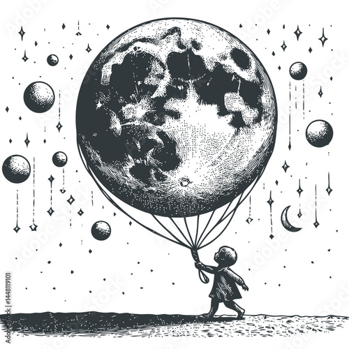 Captivating image of a child carrying a glowing moon balloon, combining creativity and serene beauty.