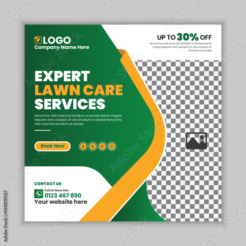 Lawns Landscaping and Gardening Services square Flyer or social media post design template, Lawns yard cleaning services web banner design  