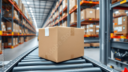 Box on conveyor roller.  Delivery service, distribution warehouse  and parcels transportation system.