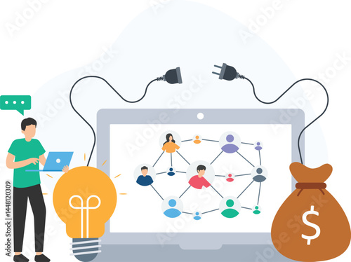 An entrepreneur connecting people online and making money with a bright idea, leveraging digital platforms to build a business that reaches a global audience. With innovative thinking and a deep under