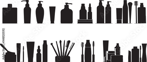 Set of Cosmetic product bottle Silhouette in various poses isolated on white background