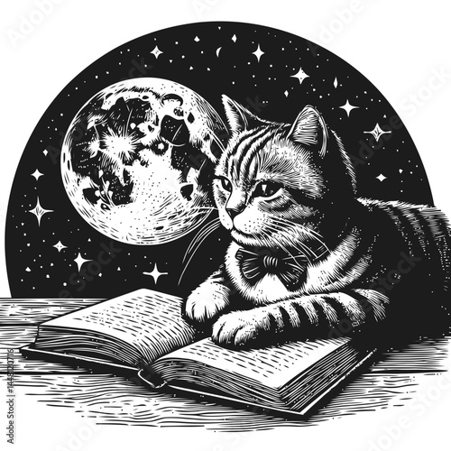 Enchanting scene of a cat quietly reading a book under moonlight, highlighting tranquility and imagination.