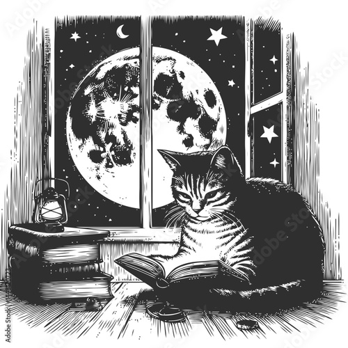 Nighttime illustration of a cat engrossed in reading under a glowing moonlight, evoking calm and wonder.