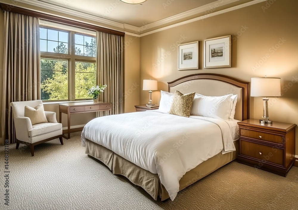 Fototapeta premium Cozy bedroom with beige walls, bed, nightstands, lamps, paintings, window, and desk