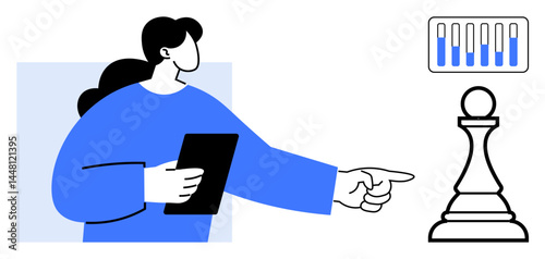 Woman holding tablet and pointing at chess pawn with bar chart. Ideal for strategy, leadership, analysis, planning, decisions, innovation, teamwork. Great for simple landing page