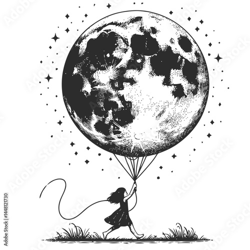 Fantasy artwork of a child carrying the glowing moon balloon, showcasing creative whimsy and charm.