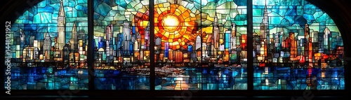 Colorful stained glass window depicting a cityscape.