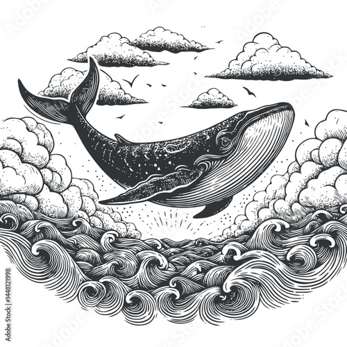 Enchanting illustration of a whale floating gracefully in the sky, merging sea life with cosmic elegance.