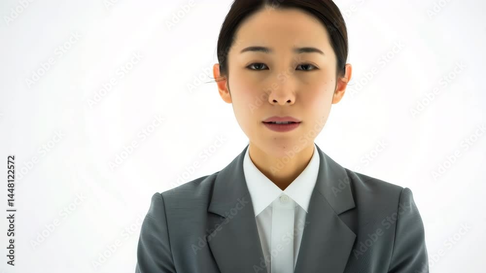 申し訳なさそうにうつむく日本人女性会社員 申し訳なさそうにうつむく日本人女性会社員