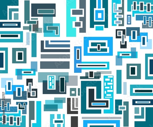 This image features a geometric abstract pattern consisting of various rectangular shapes and lines in shades of blue, cyan, and gray on a white background. The design resembles a series of circuits o