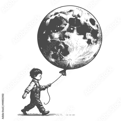 Magical scene of a child carrying the moon as a radiant balloon, symbolizing wonder and infinite creativity.