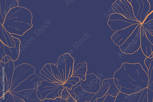 Wild Flowers line art background vector. Luxury abstract art background with artificial flowers, Gold leaves, eucalyptus, trending hydrangea and summer blooms. Botanical wedding wallpaper
