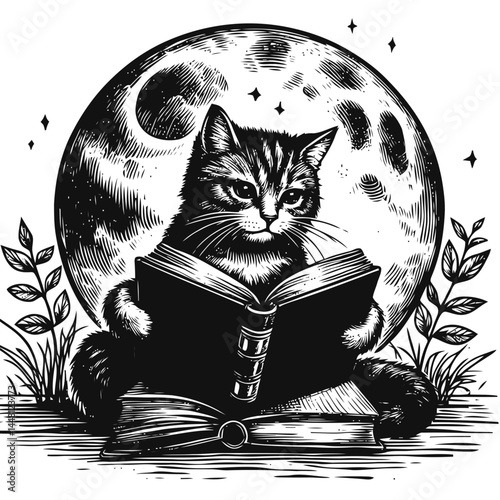 Whimsical night scene of a cat immersed in a book under soft moonlight, exuding calm and creativity.