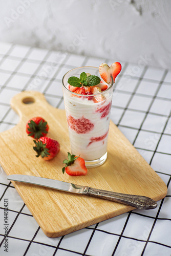 Strawberry yogurt smoothie delicious. Healthy food and drink concept