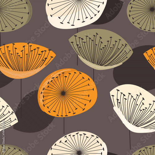 Abstract retro botanical pattern with ornamental plants on a dark background