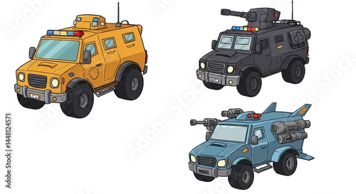 Cartoon Armored Cars Police Vehicles Military Truck Game Assets