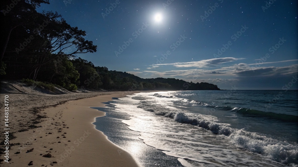 Fototapeta premium Sparkling Night Water at Secluded Beach, Photo, Natural light.