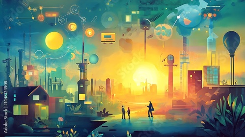 People in Digital Cityscape Meeting at Sunset with Emerging Technologies