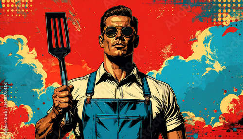 Colourful retro pop-art style flyer for Fathers Day with dynamic layout with copy space. Generated image