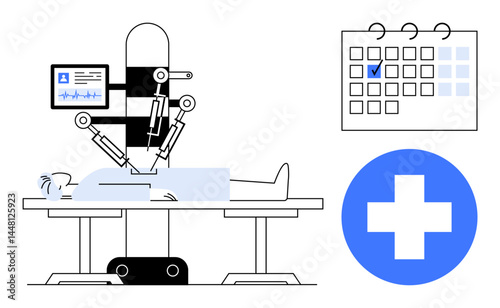 Robotic arm performing surgery on a patient, with a medical calendar and healthcare cross icon. Ideal for healthcare, future technology, medical advancements, innovation, precision, surgery
