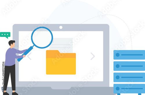 Programmer searching files or folders inside a laptop, managing server connection and database access, exploring cloud storage or file management, handling data transfer and information retrieval