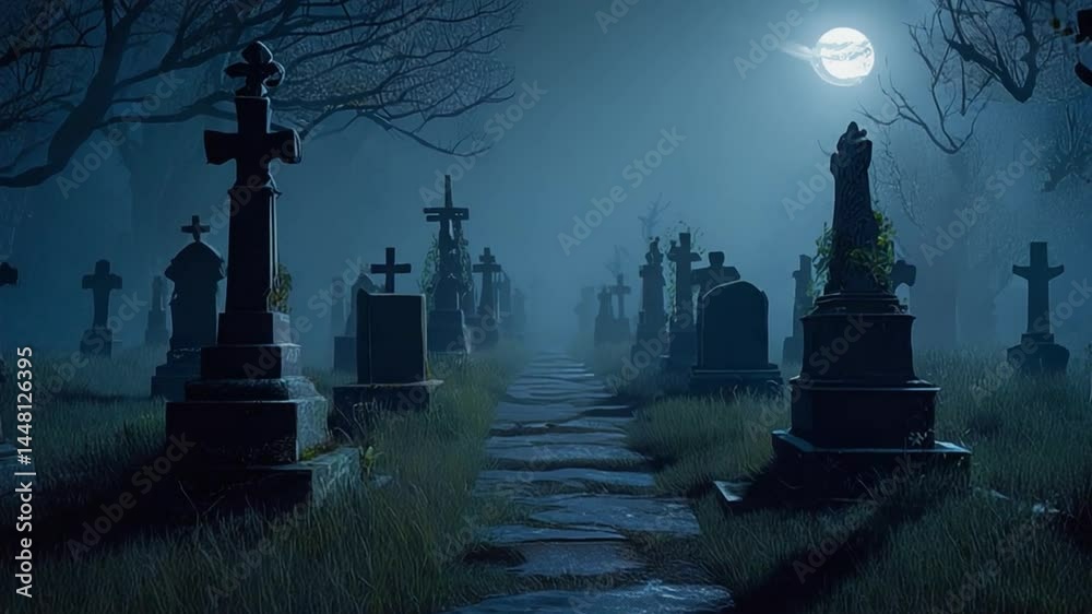Foggy graveyard at night under a full moon. Foggy graveyard at night under a full moon.