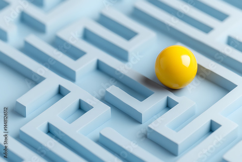 A bright yellow sphere stands out against a pale blue labyrinth, symbolizing problem-solving, strategy, and the pursuit of solutions in complex situations.