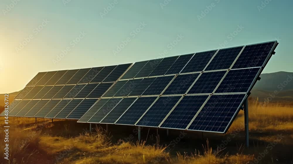 Solar panels harnessing sunlight in tranquil landscape with mountainous background Solar panels harnessing sunlight in tranquil landscape with mountainous background