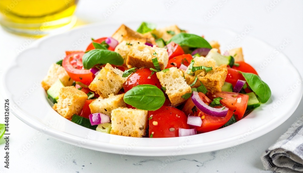Top View of Rustic Italian Panzanella Salad with Tomatoes, Soaked Bread, Red Onions, Cucumbers, Basil, Olive Oil, and Vinegar on White Plate with White Background Top View of Rustic Italian Panzanella Salad with Tomatoes, Soaked Bread, Red Onions, Cucumbers, Basil, Olive Oil, and Vinegar on White Plate with White Background