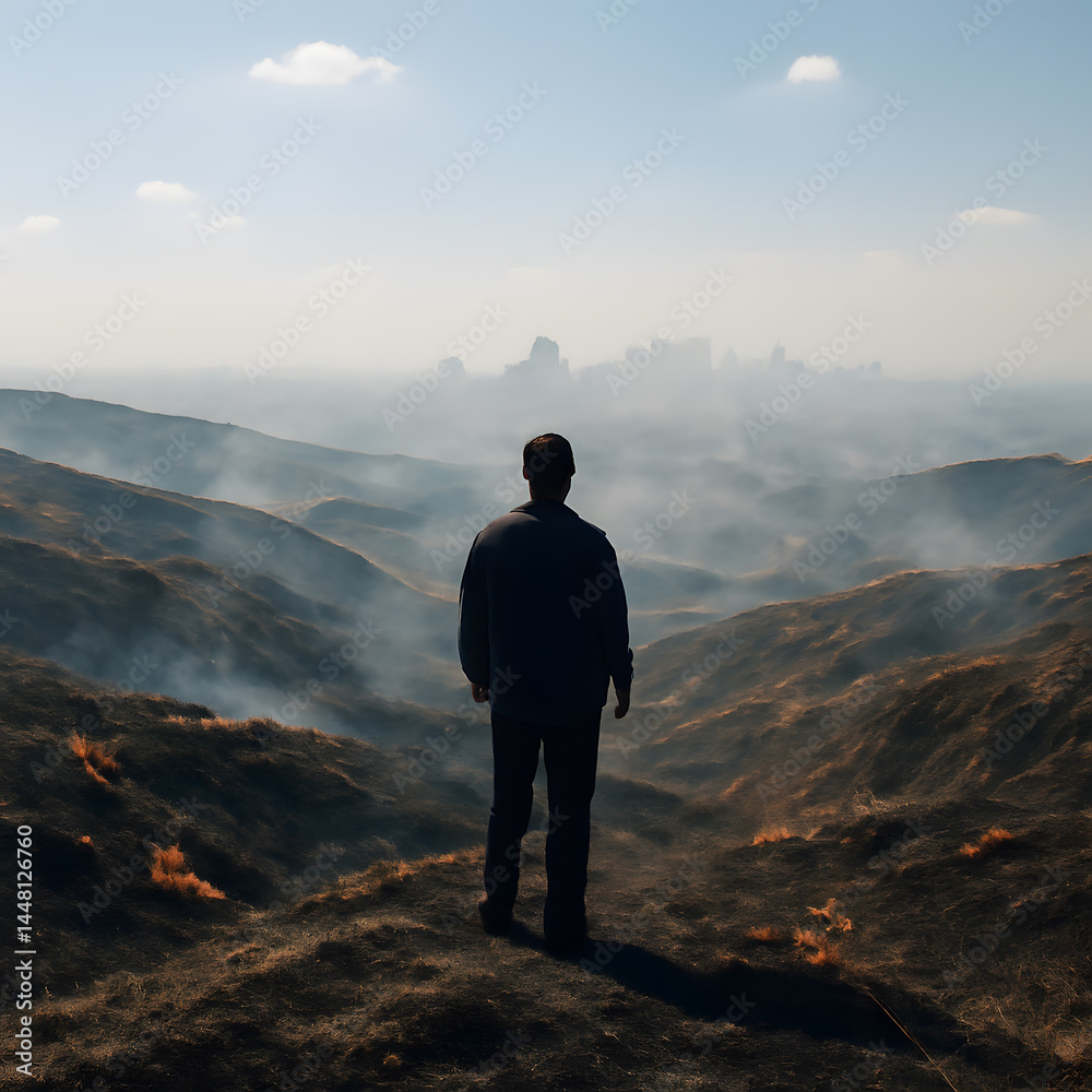 Fototapeta premium Adult man stands on a hill overlooking a hazy landscape with a distant city