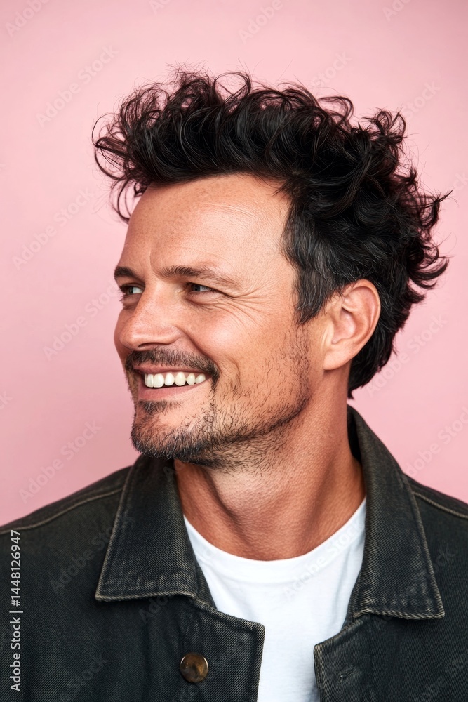 A classy midlife man with a timeless look. Creative of style for aging men. Classy men's mid fade haircut - midlife white man with black hair. Pink solid background.