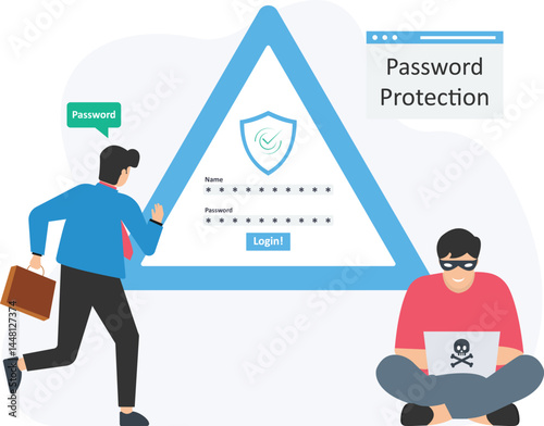 Businessman running or protecting password, preventing hacker attack or cyber intrusion, safeguarding login credentials or account information, securing data access or online privacy, defending