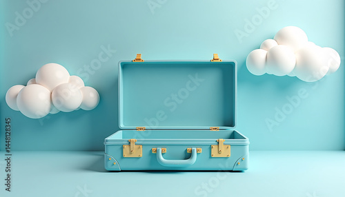 Minimalist Stylized Suitcase Clouds in Teal White Colors for Travel Design
