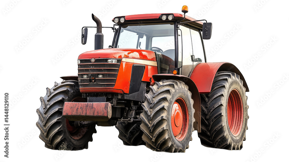 A powerful red tractor parked in a sunny field. showcasing its robust design and large tires. with a clear blue sky in the background. ideal for agricultural and farming imagery A powerful red tractor parked in a sunny field. showcasing its robust design and large tires. with a clear blue sky in the background. ideal for agricultural and farming imagery